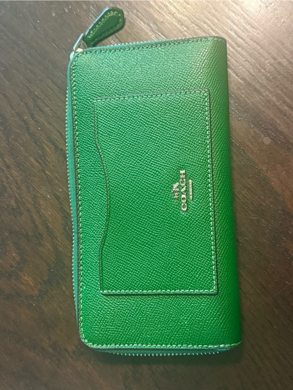 Coach Green Zip-Around Leather accordion Wallet with Front Slip Pocket